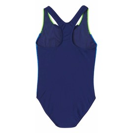Speedo Traje de ba o deportivo de una pieza con espalda cruzada para ni as, Azul Oscuro/Verde Ne n, Medium