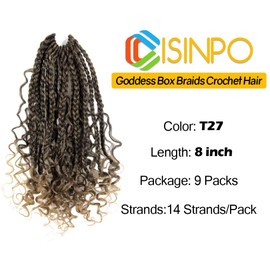 CISINPO 9 Packs Goddess Box Braids Crochet Hair 8 Inch Boho Box Braids with Curly Ends Synthetic Crochet Hair for Women, T27/Ombre Honey Blonde