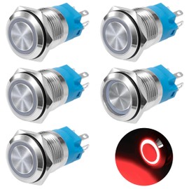 GUNGY Pressure Switch Waterproof 19 mm Switch 12-24 V 3A Locking Push Button Switch Brass 5 Pin with Red Ring LED Light for Car Boat Motorcycle Pack of 5