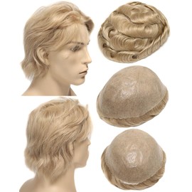 BEEOS 0.10mm Thin Skin Toupee for Men, #22 Blonde Real Human Hair Mens Hair System 130% Medium Density, 8x10 Inch Mens Hairpiece