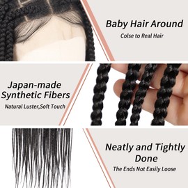 Lexqui 36" Large Square Knotless Box Braided Wigs for Women Full Double Lace Braided Wigs with Baby Hair Long Black Cornrow Lace Frontal Braids Wig Natural Looking Synthetic Braided Lace Wigs