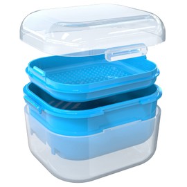 ARGOMAX Denture Case, Denture Cup for Soaking Dentures, Thorough Cleaning of Dentures, Retainer, Clear Braces (Clear Case + Light Blue Filter and Tray).