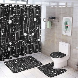 4PCS/Set Abstract Line Spot Splash Shower Curtain 72W X 72L, Black Geometric Doodle Dot Printed Bathroom Decor, Shaped Mat Toilet Lid Cover and Non-Slip Rugs with 12 Hooks