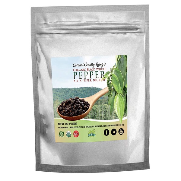 Organic Black Peppercorns Whole, Fairtrade, 3.5 oz Premium Grade