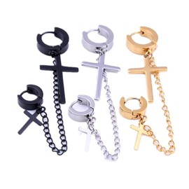 3PCS Cross Dangle Hoop Earrings for Men Women Stainless Steel Helix Cartilage Piercing Ear Clip with Drop Crosses for Unisex