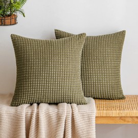 EMEMA Corduroy Granule Throw Pillow Covers Decorative Cushion Covers Square Soft Pellets Solid Pillowcase for Sofa Bedroom 16x16 Inch 2 Pieces Olive-green