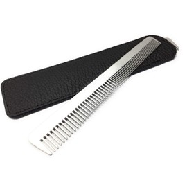 Swedish Crown Professional Men's Comb with Genuine Leather Case Aluminium Comb 15.5 cm (Anti-Static) Metal Comb Fine + Wide Teeth Beard Comb in Salon Design (2261 A-Et)