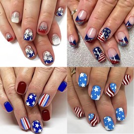 96Pcs July 4th Press on Nails Short Square Stripe Stars USA Flag Design False Nails Artificial Acrylic Nails Independence Day Fake Nails Full Cover Glossy Coffin Nails Glue on Nails for Women