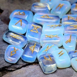 Crocon Opalite Gemstone Rune Stones Set with Elder Futhark Alphabet Engraved Symbol for Chakra Balancing runes with pouch & rune symbol brochure Size :- 20-25 mm App.