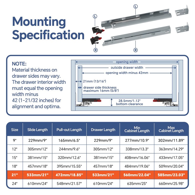 ToBeGreat 1 Pair Undermount Drawer Slides 21 Inch 80 lb