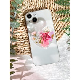 Pressed Pink Flowers Phone Grip Holder,Handmade Expandible Collapsible Transparent Cell Phone Accessory, Dried Natural Flowers Phone Stand, Phone Charms Tablet Support