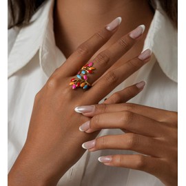 MIFYNN 14K Gold Plated Adjustable Open Ring Dainty Cute Leaf Thumb Non Tarnish Gold Stackable Rings Vintage Unique Boho Western Turquoise Hypoallergenic Fashion Jewelry Gift