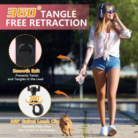 Retractable Dog Leash with Flashlight 16ft Walking Leash for Dogs up to 77lbs, 360° Tangle-Free Nylon Tape Anti-Slip Handle -Pink