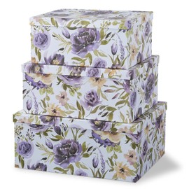 Soul & Lane Decorative Cardboard Storage Boxes with Lids for Home Decor and Organization, Set of 3 Large Keepsake Boxes for Memories & Gifts, Nesting Floral Photo Storage Containers, Purple Passion
