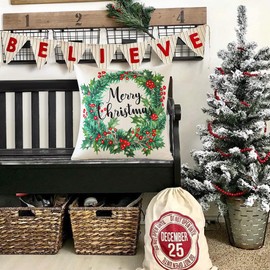 JOTOM Christmas Decorative Cushion Covers 45x45cm Merry Christmas Wreath Berry Throw Pillow Cover Cushion Case Square Pillowcases Gifts for Couch Sofa Bedroom Farmhouse Xmas Home Chair Decor (Wreath)