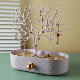 Antler jewelry rack with drawer, Aluminium alloy handle and PU leather Organizer for Ring Earrings Necklace Bracelet