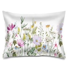 Satin Pillowcase for Hair and Skin,Spring Floral Pillow Cover 20"x26" Silk Pillowcases with Envelope Closure,Wild Flower Plant Vintage Florals Herbs and Botanical Standard Pillow Case for Bed,White