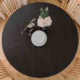 Round Vinyl Fitted Tablecloth with Flannel Backing Elastic Table Cloth Waterproof Oil-Proof Plastic Table Cover (Black, Large Round Fits Table up 45"-56" Diameter)