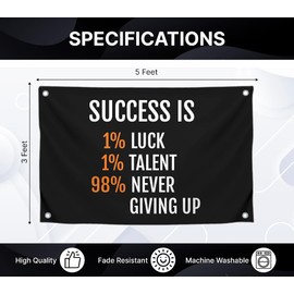 3x5 Feet Motivation Flags with Quote "Success Is 1% Luck, 1% Talent, 98% Never Giving Up" with Four Brass Grommets - Inspirational Wall Decoration for Room - Polyester Flag for Outdoor or Indoor