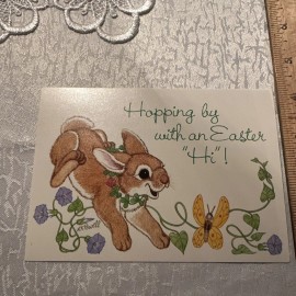 Vtg Easter Greeting Card UNUSED Postcard Brown Bunny LK Powell Butterfly