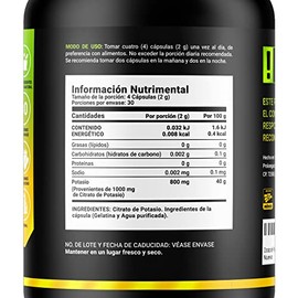 B Life Company Citrato de Potasio 800 mg de Potasio (Provenientes de 1000 mg). Ingredientes Naturales de 120 Cápsulas. Potassium Citrate