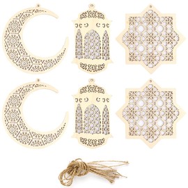 Vanyibro 2 Sets, 6 Pieces Wooden Pendant Ornament，Ramadan Kareem Decoration, Moon Star Wind Light Shape Pendant Ornament