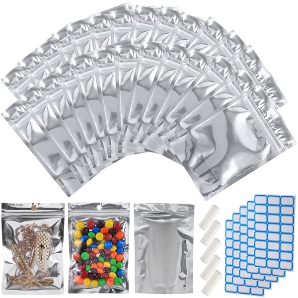 100-Pack Reclosable Large Mylar Bags for Food Storage 6" x 9" Stand Up Ziplock Pouch Bags in Bulk Resealable Smell Proof Aluminum Silver Foil Bags with Clear Window Kitchen Storage Edible Packaging