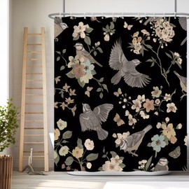 Renaiss 72x72 Inches Birds Floral Shower Curtain Watercolor Vintage Flowers Leaves Tree Branch Black Bath Curtain Plants Fabric Shower Curtains for Bathroom Decor Waterproof Polyester with Hooks