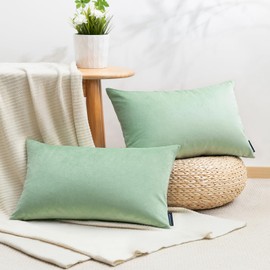 Phantoscope Pack of 2 Velvet Decorative Throw Decorative Pillow Cover Soft Solid Square Cushion Case for Couch Sage Green 12 x 20 inches 30 x 50 cm