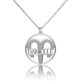 LoEnMe Jewelry Silver Plated Aries Woman Custom Made Engraved Sterling Silver Customized Name Necklace