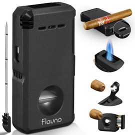 Cigar Lighter, 5- in -1 Torch Lighter, Built-in V-Cut Cigar Cutter, Cigar Punch, Cigar Draw Enhancer, Cigar Holder, Windproof Double Jet Flame, Refillable Butane Lighter for Smoking, Gift for Men