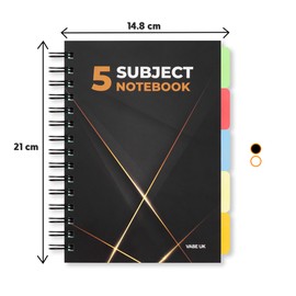 VABE UK A5 Subject Notebook with 5 Dividers - 300 Pages journals (150 sheets) - 100gsm lined notebook Paper - Thick Matte Laminated Cover - a5 note pad - a5 Subject Book (2, Black)