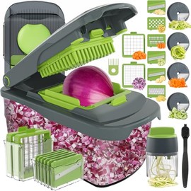 Ourokhome - Picador de verduras y dados con recipiente, manual de mano mandolina con espiralizador de verduras 4 en 1 para calabacín, patata, cebolla,