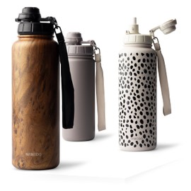 MAMEIDO Thermos Flask with Straw, 1.2 L, Leak-Proof Drinking Bottle, Stainless Steel Insulated, Water Bottle BPA-Free with Carry Strap, Water Bottle Sport (Oak Wood, 1200 ml)