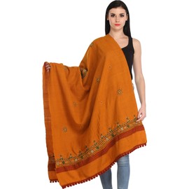 Exotic India Shawl from Kutch with Central Embroidered Chakra and Mirrors - Pure Wool (Apricot Buff)