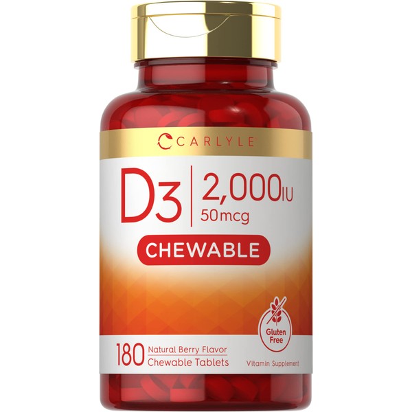 Carlyle Chewable Vitamin D3 2000 IU (50mcg) Tablets | 180 Count | Natural Berry Flavor | Vegetarian, Non-GMO and Gluten Free