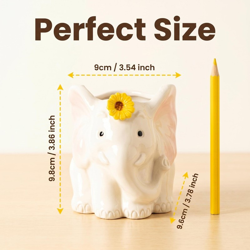 dgudgu White Elephant Pen Holder Ceramic Desk Organizer Cup Pencil