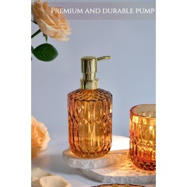 LaMarriti Amber Bathroom Accessories Set, 5Pcs Clear Glass Bathroom Sets, Hand Soap Dispenser, Soap Dish, Toothbrush Holder Set, Qtips Holder for Crystal Vintage Bath Decor, Set