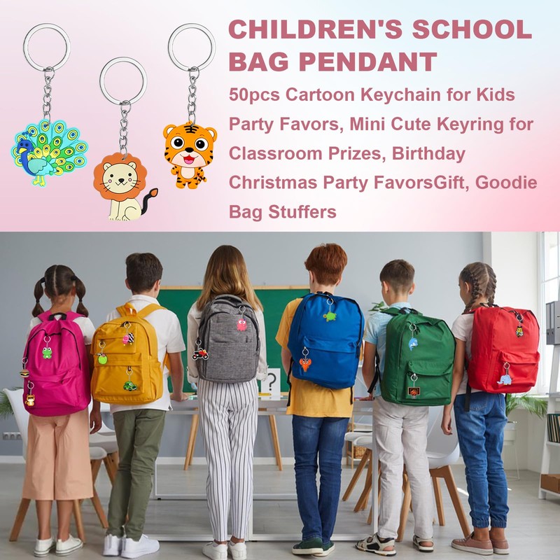 50pcs Cute Bulk Keychains for Kids,Non-Repeat Cartoon Key Chains Backpack