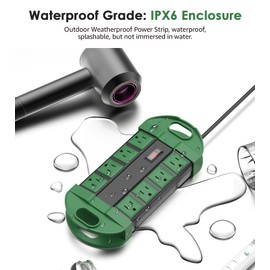 CCCEI Outdoor Power Strip Weatherproof with 8 Plug, Waterproof Extension Cord with Multiple Outlets, Christmas Exterior Garden Yard Surge Protector 6FT, Green.