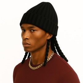 Dreadlock Benie Knit wig with Faux Locs | Afro-Inspired Dreadlocks Cap Hat Warm, Trendy, & Cultural Headwear (Grey, Medium, Black Dreads)