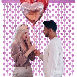 4 Pack 3.3×6.6 ft Valentine's Day Foil Fringe Curtains Pink Heart Metallic Tinsel Fringe Curtain Valentine's Day Photo Backdrop Streamers Fringe for Birthday Wedding Engagement Holiday Decorations