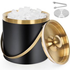 ZORMY 3L Double-Wall Vacuum Insulated Stainless Steel Ice Bucket with Lid & Tong，Wine and Champagne Bucket for Home & Parties（BlackGold）