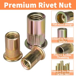 Rivet Nut Assortment Kit, 400PCS SAE & Metric Rivet Nuts M3 M4 M5 M6 M8 M10 M12#6-32#8-32#10-24#10-32 1/4"-20 5/16"-18 3/8"-16 1/2"-13, Zinc Plated Carbon Steel Flat Head Threaded Insert rivnuts