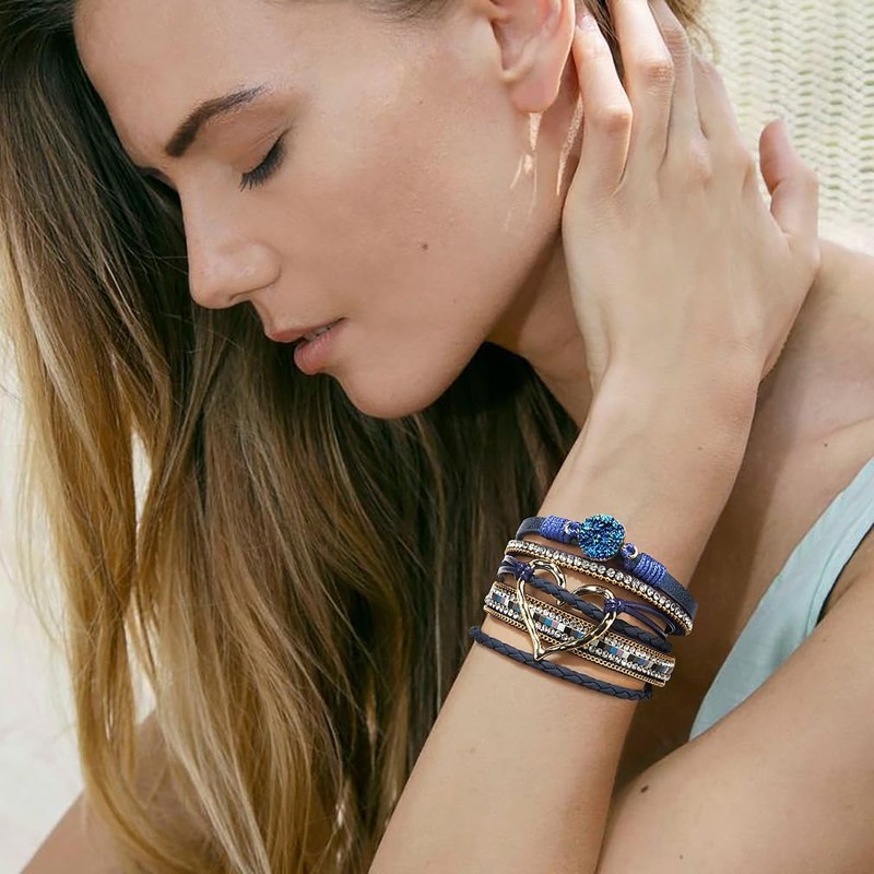 Suyi Multilayer Leather Wrap Bracelet Heart-Shape Wide Cuff Bracelets for