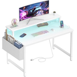 Lufeiya Small White Desk with LED Lights and Power Outlets, 32 Inch Home Office Computer Desks with Monitor Stand, Teen Writing Study Table Gaming Desk with Charging Station, White