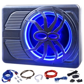 HCALORY 1200W 10'' Car Subwoofer, Slim Under Seat Powered Car Subwoofer w/Built-in Amplifier & Hi/Lo Input, Bass Speaker Subwoofer with Blue LED Light, Individual Control, for Car/Truck/SUV/Jeep/MPV