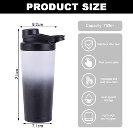 EACHPT Protein Shaker 750 ml Black Grey Protein Shaker with Strainer Shaker Stainless Steel Protein Shaker Double-Walled Vacuum Insulated BPA Free and Leak-Proof Thermal Bottle for Protein Sports