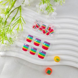 Press on Toenails Short Square Toe Nails Press ons Spring Fake Toenails with Colorful Stripes Designs Summer Acrylic Toenails Cute False Toenails Artificial Stick on Toenails for Women 24Pcs