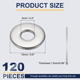 sourcing map M5 Flat Washer for Screw, 120Pcs 304 Stainless Steel Washers 5MM ID x 15MM OD x 1.5MM Thick for Bolts, Factories Repair, Kitchens, Shops, and Outdoor Construction (Silver Tone)